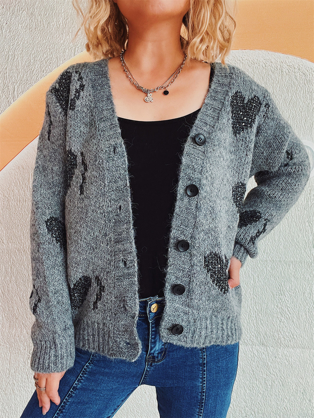 Damen kuschelige Strickjacke mit Herzdesign Drune