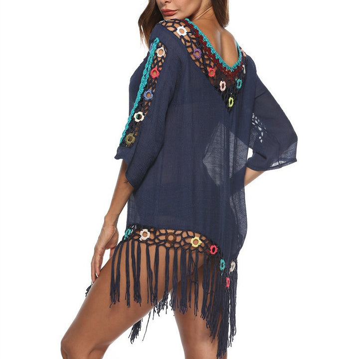 Damen Elegante Häkel-Strandtunika mit fransigen Details und bunten Applikationen Drune