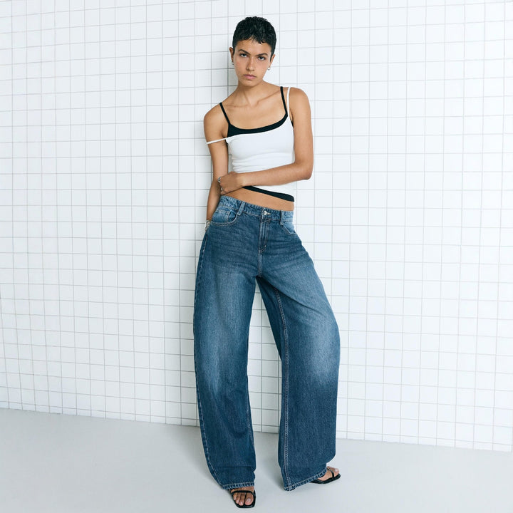 Damen nan hohe Taillenweite Palazzo-Denim mit weitem Bein und cleanem Five-Pocket-Design Drune