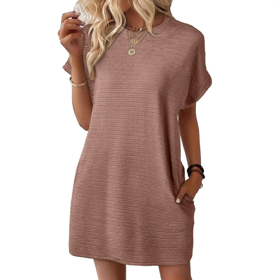 Damen lässiges Kurzarmkleid mit strukturiertem Stoff und seitlichen Taschen Drune