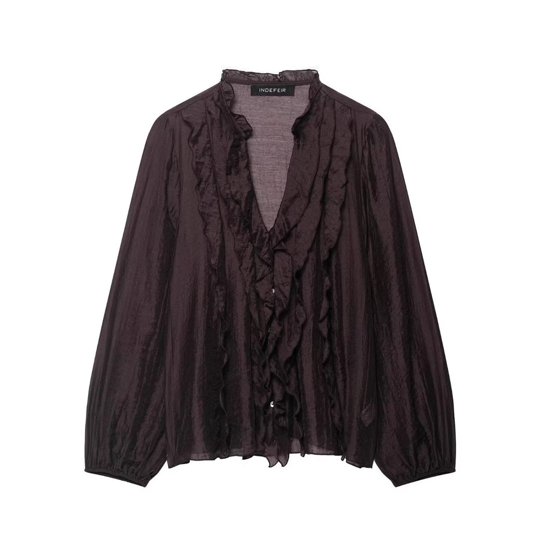 Damen Transparente Crinkle-Bluse mit Volantkragen, Rüschenfront und Ballonärmeln Drune