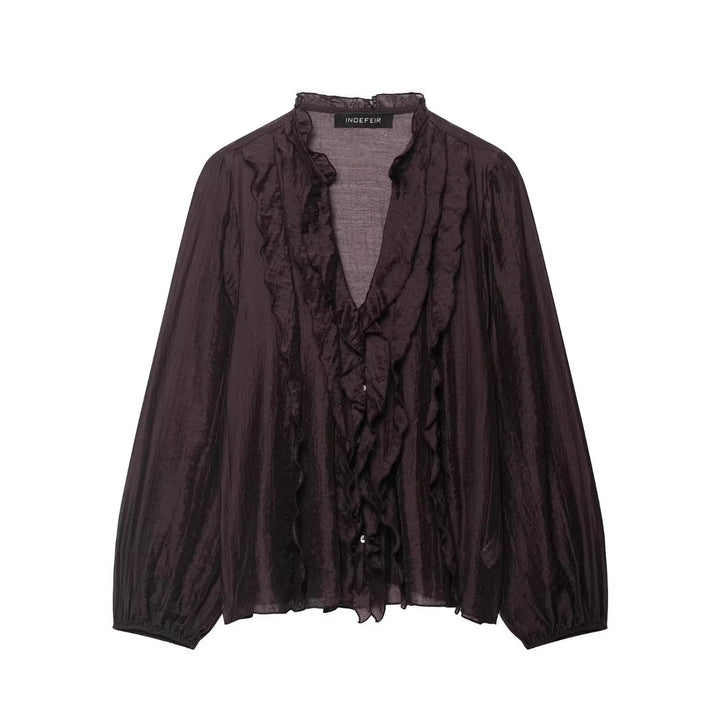 Damen Transparente Crinkle-Bluse mit Volantkragen, Rüschenfront und Ballonärmeln Drune
