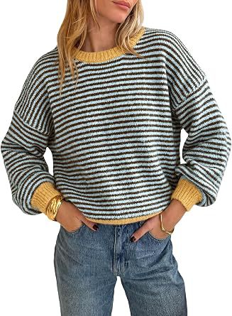 Damen Gestreifter Rippstrick-Pullover mit Kontrast-Bündchen Drune