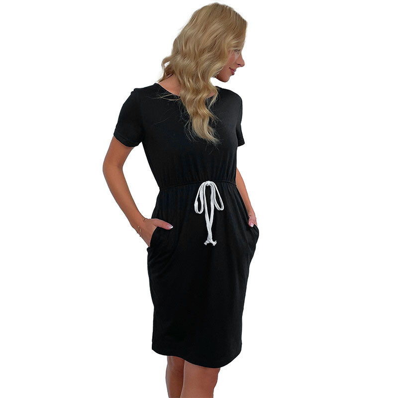 Damen lässiges Kurzarmkleid mit praktischen Eingrifftaschen und Taillenkordel Drune