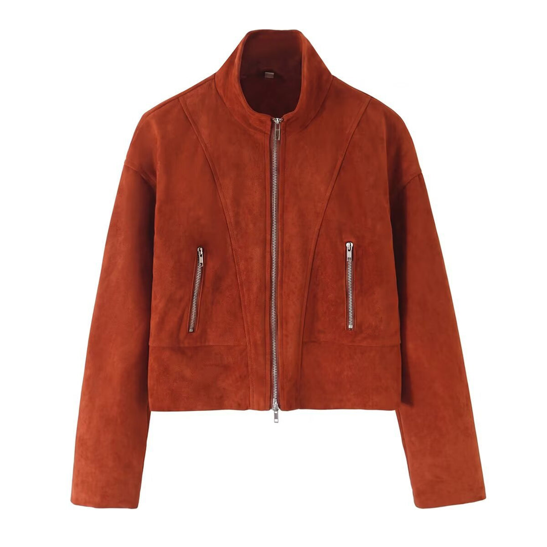 Damen Kurzjacke im Boxy-Cropped-Schnitt aus Velourslederoptik mit Stehkragen und Metallreißverschlüssen Drune