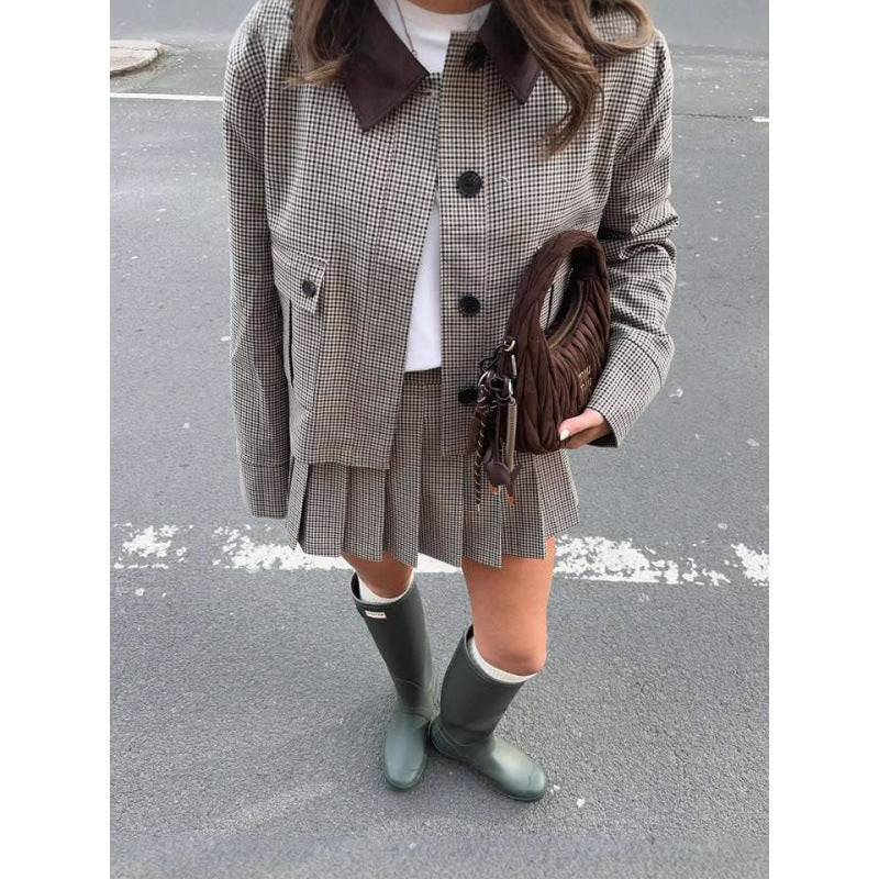 Damen Karomuster Blazerjacke mit kurzen Ärmeln und passender Minirock Drune