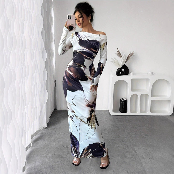 Damen Elegantes Maxikleid mit originellem Kunstdruck und schulterfreiem Design Drune