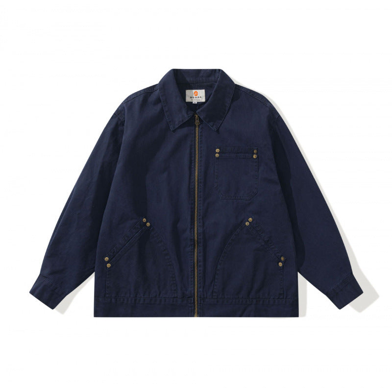 Unisex Kastenförmige Canvas-Worker-Jacke mit Frontreißverschluss und Nietapplikationen Drune