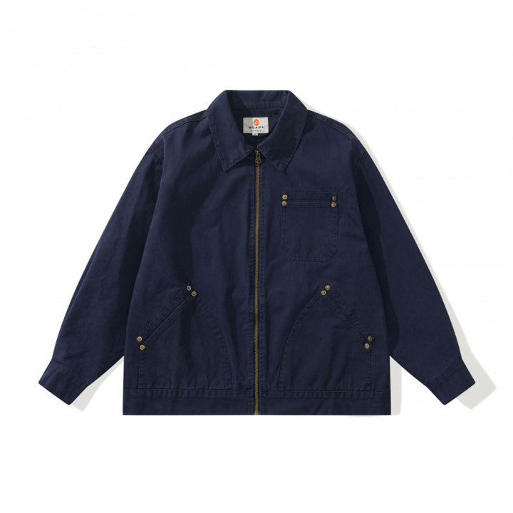 Unisex Kastenförmige Canvas-Worker-Jacke mit Frontreißverschluss und Nietapplikationen Drune