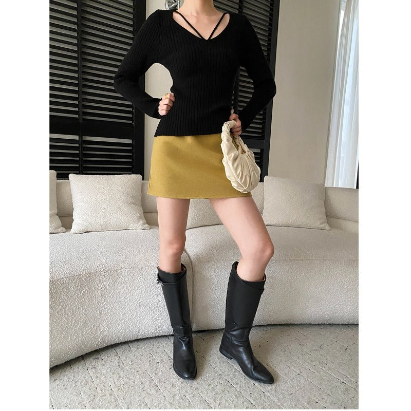 Damen figurbetontes Rippstrickpullover mit V-Ausschnitt und langen Ärmeln Drune