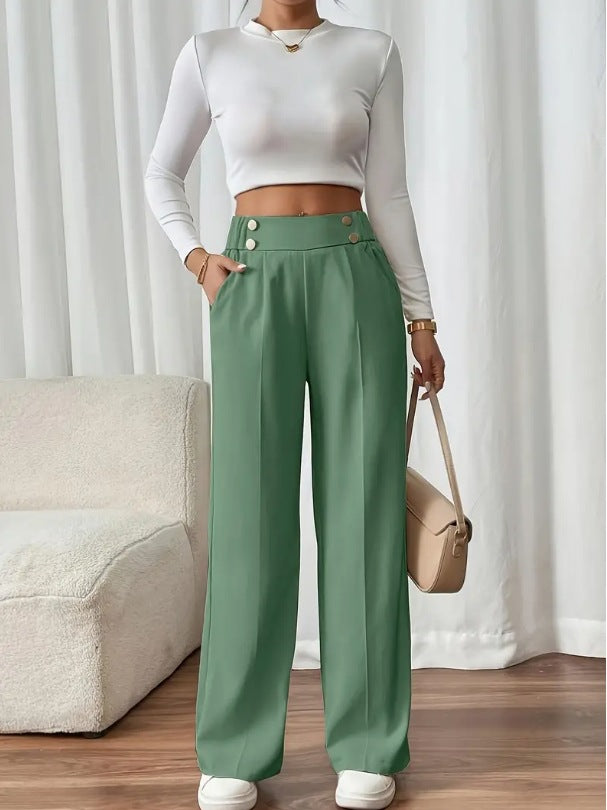 Damen Klassische weite Hose mit Knopfleiste und Taschen Drune