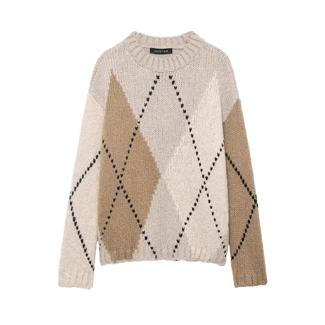 Damen Grobgestrickter Argyle-Pullover mit Oversize-Schnitt und Rippkragen Drune