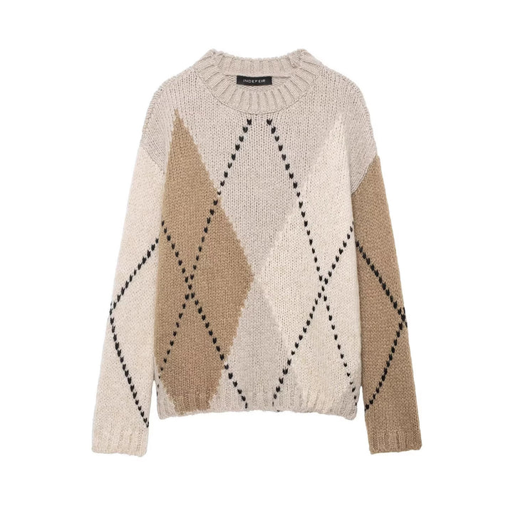 Damen Grobgestrickter Argyle-Pullover mit Oversize-Schnitt und Rippkragen Drune