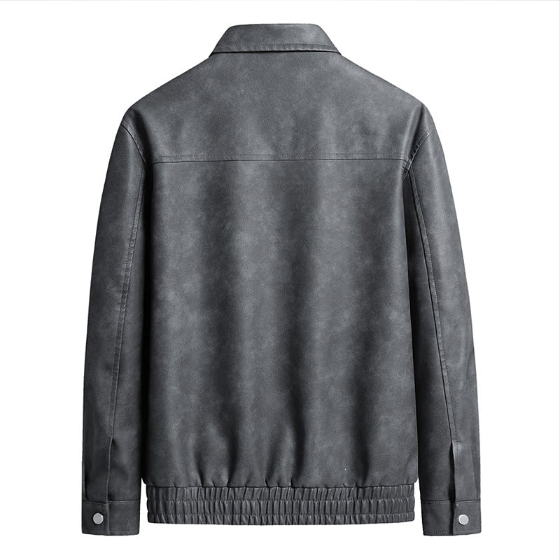 Herren Kurz geschnittene Kunstlederjacke im Vintage‑Look mit Hemdkragen & durchgehendem Reißverschluss Drune