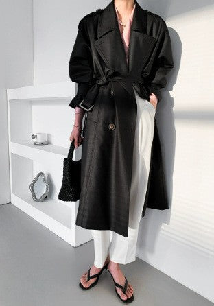 Damen Langer Oversize-Trenchcoat in veganer Lederoptik mit Bindegürtel und breitem Revers Drune