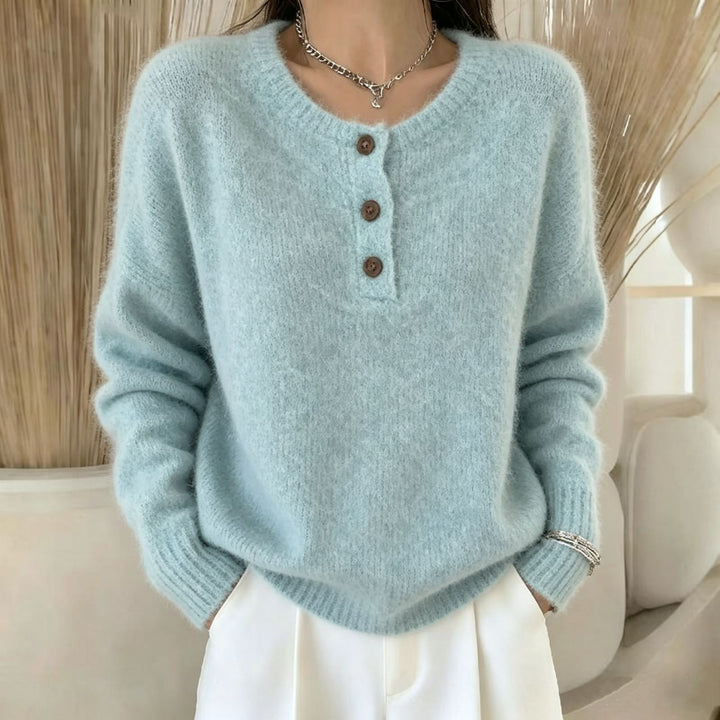Damen Kuscheliger Rundhals-Henley-Pullover mit Knopfleiste und Raglanärmeln Drune