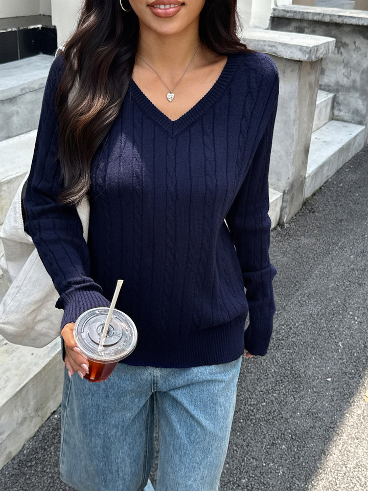 Damen Strickpullover mit V-Ausschnitt und feinem Zopfmuster Drune