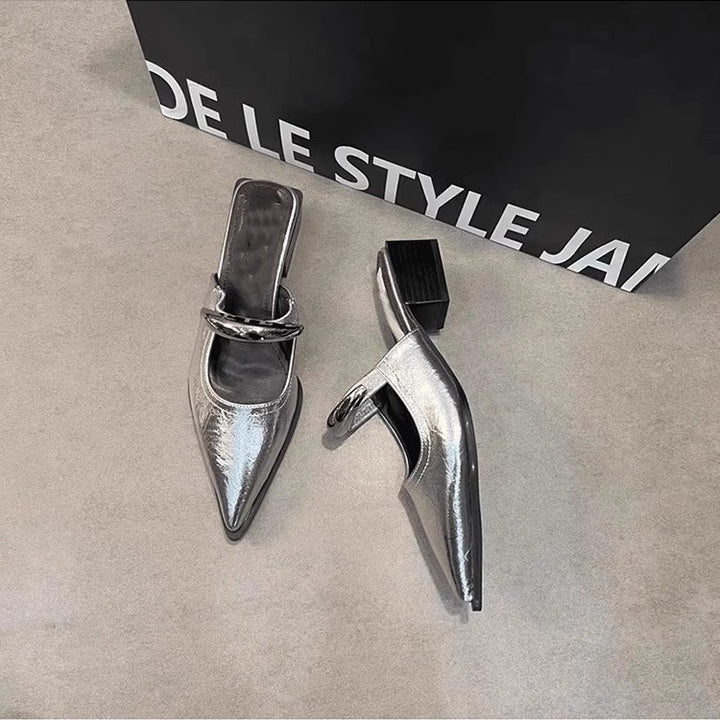Damen Spitz zulaufende Mule-Pumps mit sculpted Blockabsatz und dekorativer Gliederkette Drune