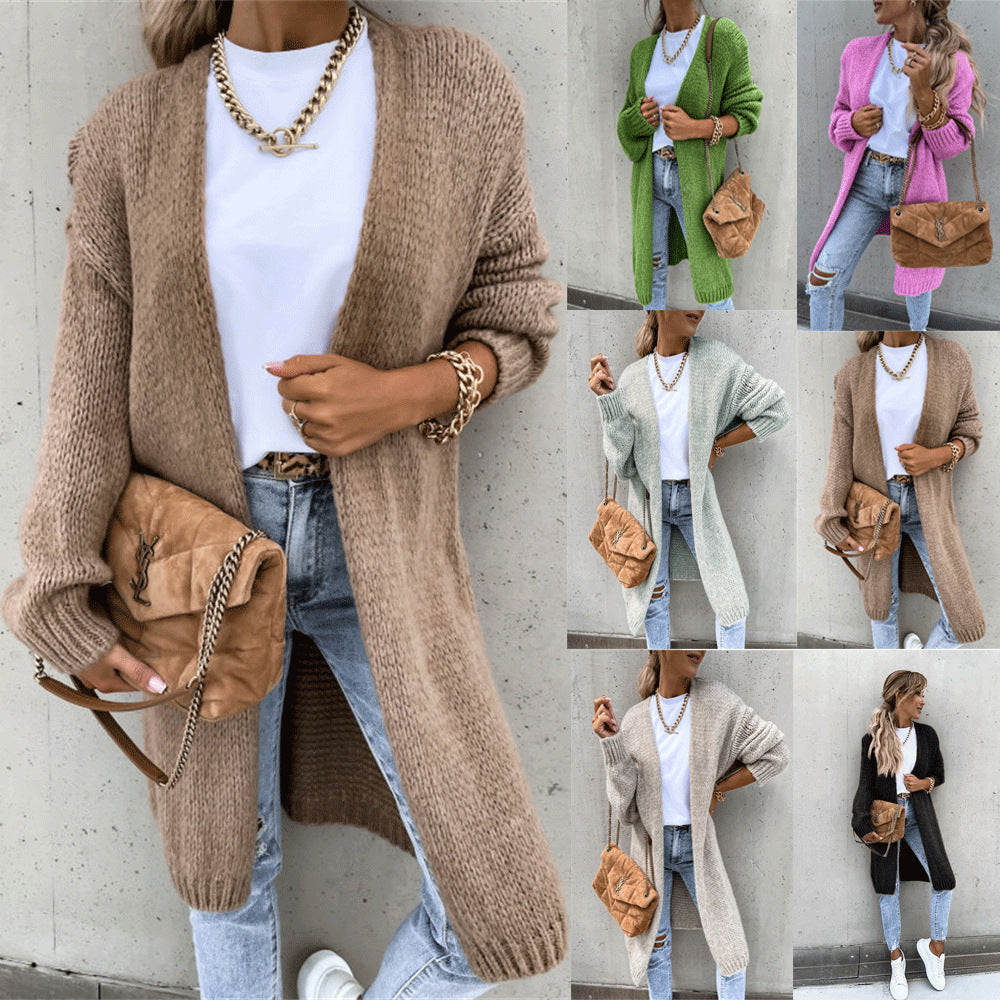 Damen Grobstrick Cardigan mit offener Vorderseite und lässigen Ärmeln Drune