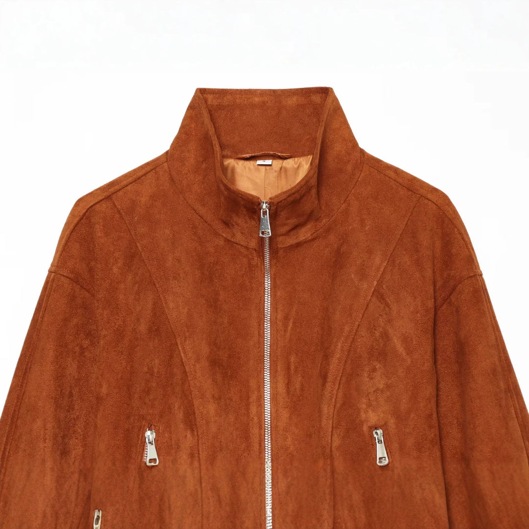Damen Kurzgeschnittener Wildleder-Blouson mit Stehkragen und Reißverschluss Drune