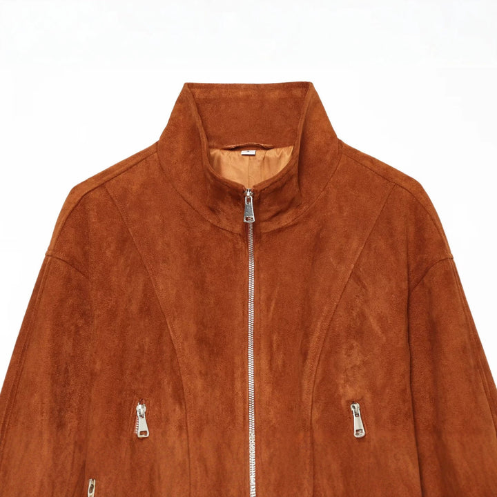 Damen Kurzgeschnittener Wildleder-Blouson mit Stehkragen und Reißverschluss Drune