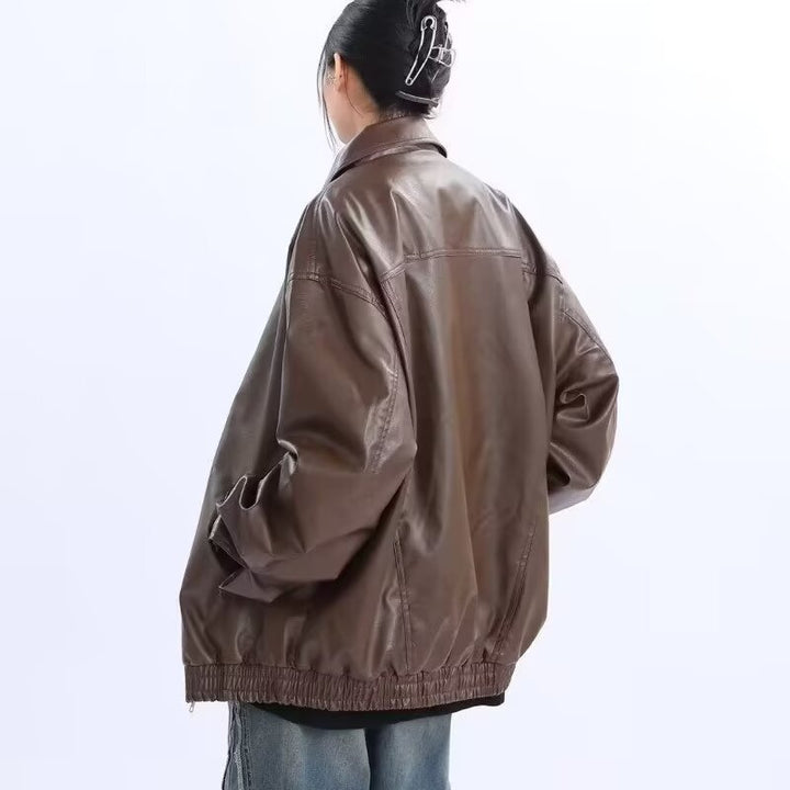 Damen Oversized Kunstleder-Blouson mit elastischem Saum und Hemdkragen Drune