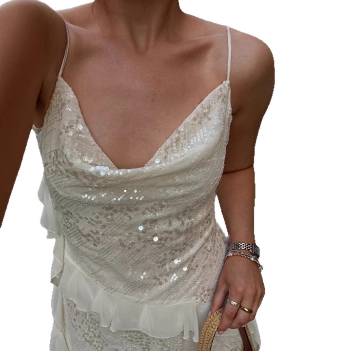 Damen funkelndes Minikleid mit Rüschendetails und verzierten Pailletten Drune