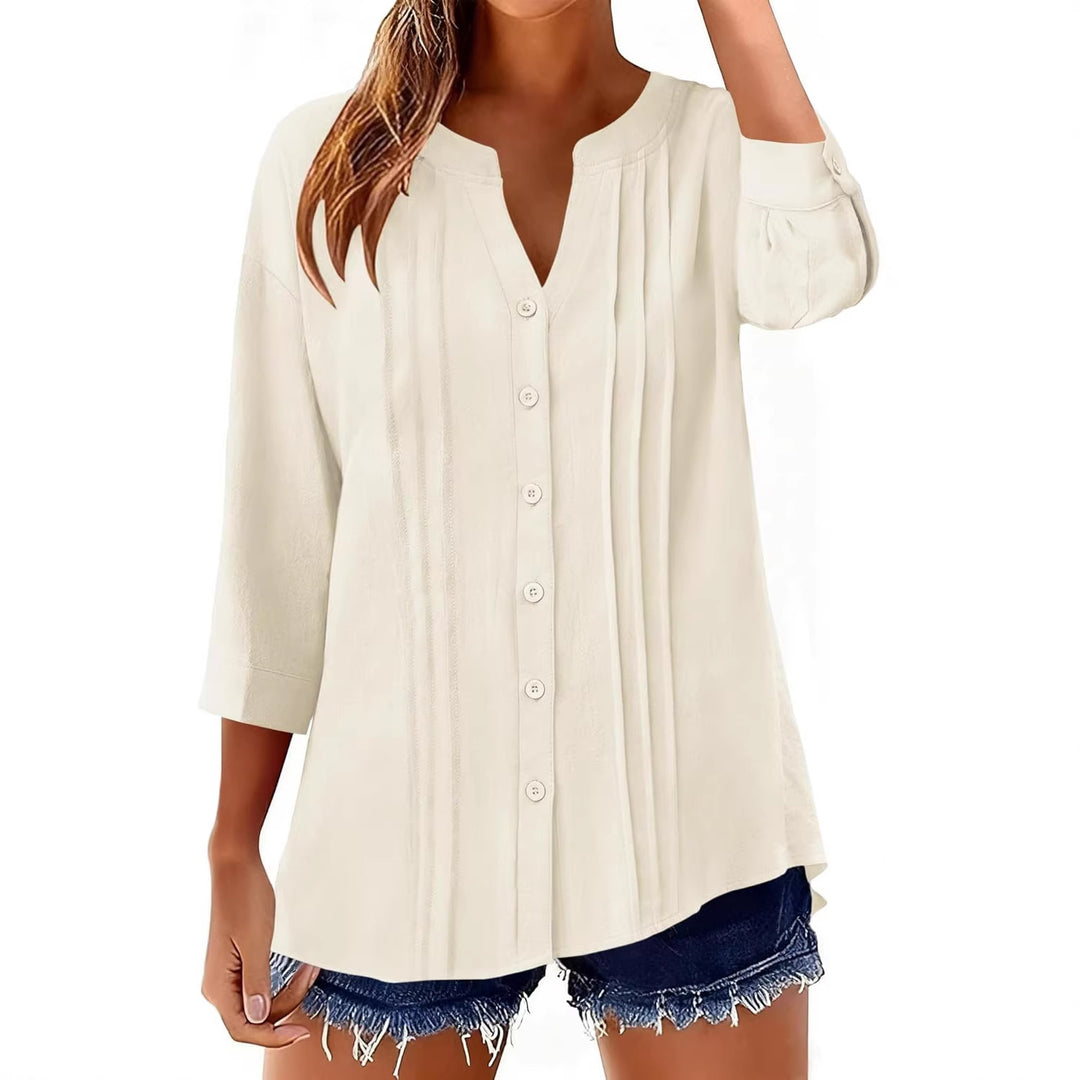 Damen Lockeres Tunikashirt mit Kellerfalten und dreiviertel Ärmeln Drune