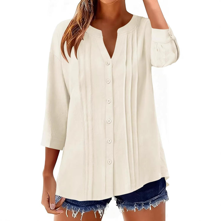 Damen Lockeres Tunikashirt mit Kellerfalten und dreiviertel Ärmeln Drune