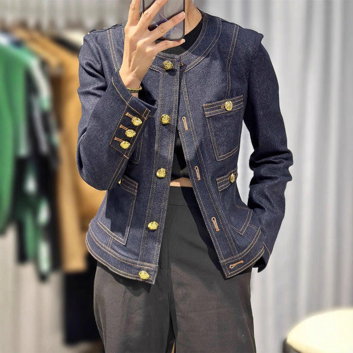 Damen Modische Denimjacke mit goldenen Knöpfen Drune