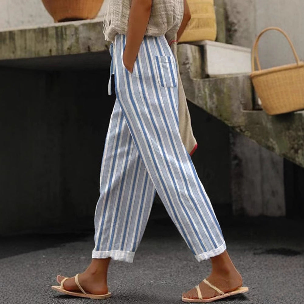 Damen Weite Leinenhose mit handgewebtem Muster Drune