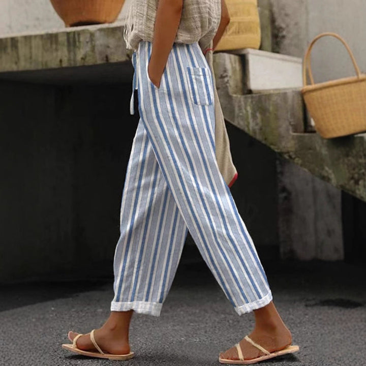 Damen Weite Leinenhose mit handgewebtem Muster Drune