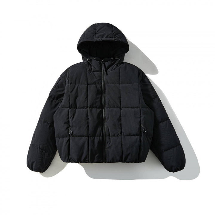 Unisex Weitgeschnittene gesteppte Kapuzenjacke mit Quadratsteppung und elastischem Saum Drune