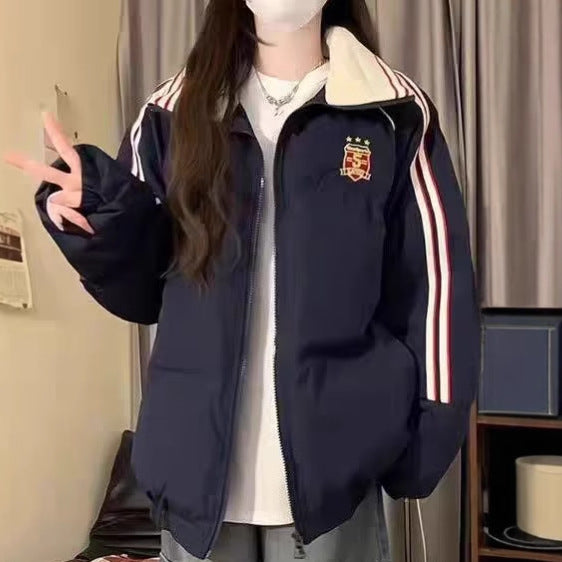 Damen Sportliche Pufferjacke mit kontrastierenden Streifen und hohem Kragen Drune