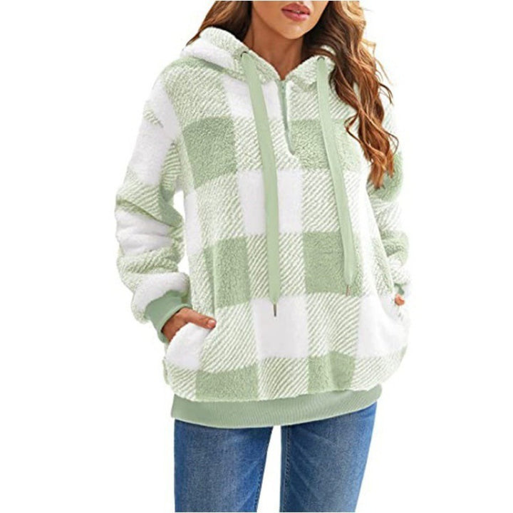 Damen kuschelige Karo-Hoodiejacke mit Reißverschluss und Kängurutasche Drune