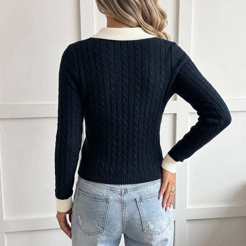Damen Eleganter Strickpullover mit V-Ausschnitt und Kontrastkragen Drune
