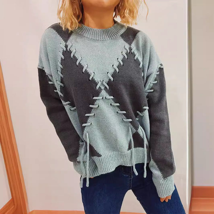 Damen modischer Oversized Pullover mit gekreuzten Ziernähten Drune