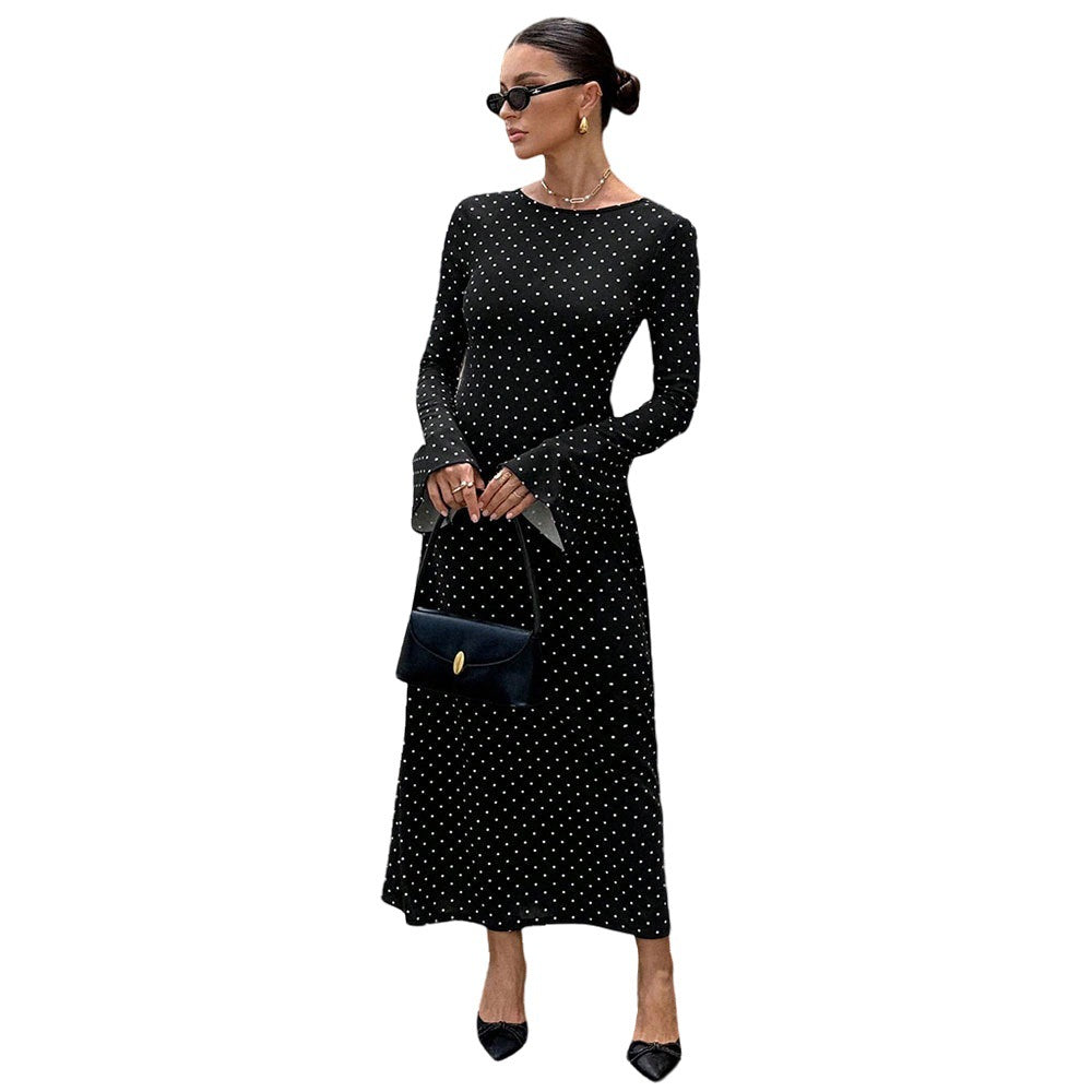 Damen elegantes Polka‑Dot Maxikleid mit tailliertem Oberteil, Trompetenärmeln und fließendem A‑Linien‑Rock Drune