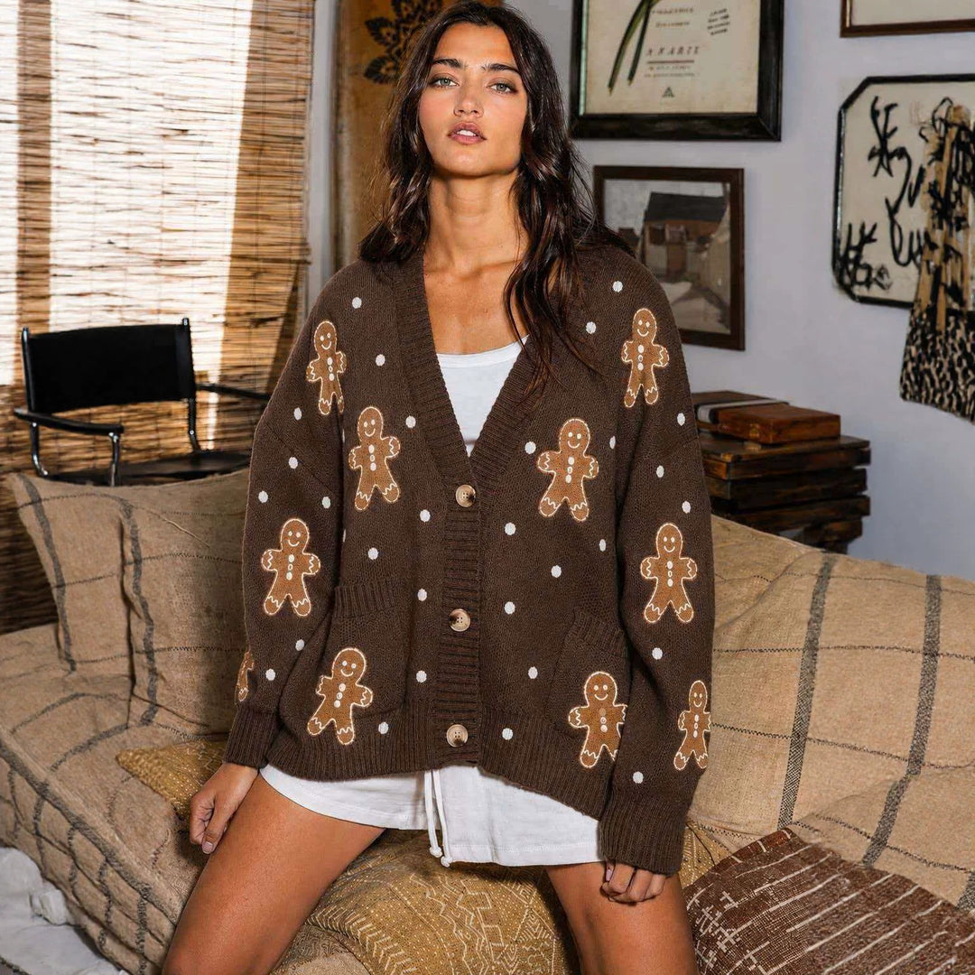 Damen nan oversized Strickcardigan mit Lebkuchenstickerei und tiefem V-Ausschnitt Drune