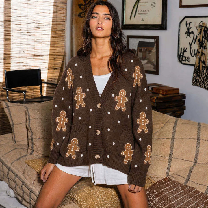Damen nan oversized Strickcardigan mit Lebkuchenstickerei und tiefem V-Ausschnitt Drune