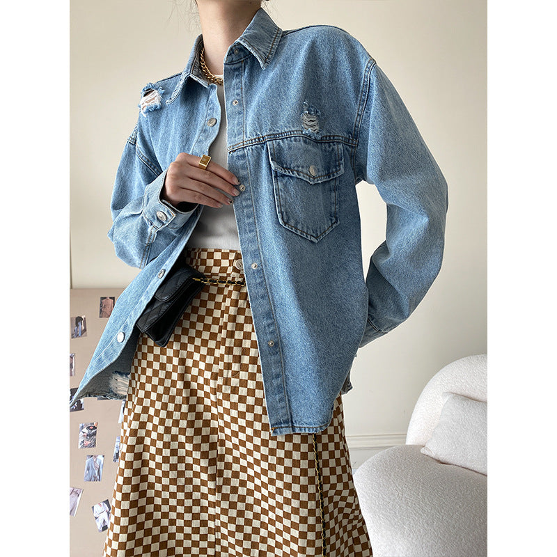 Damen lässige Jeansjacke mit used Look und großen Taschen Drune