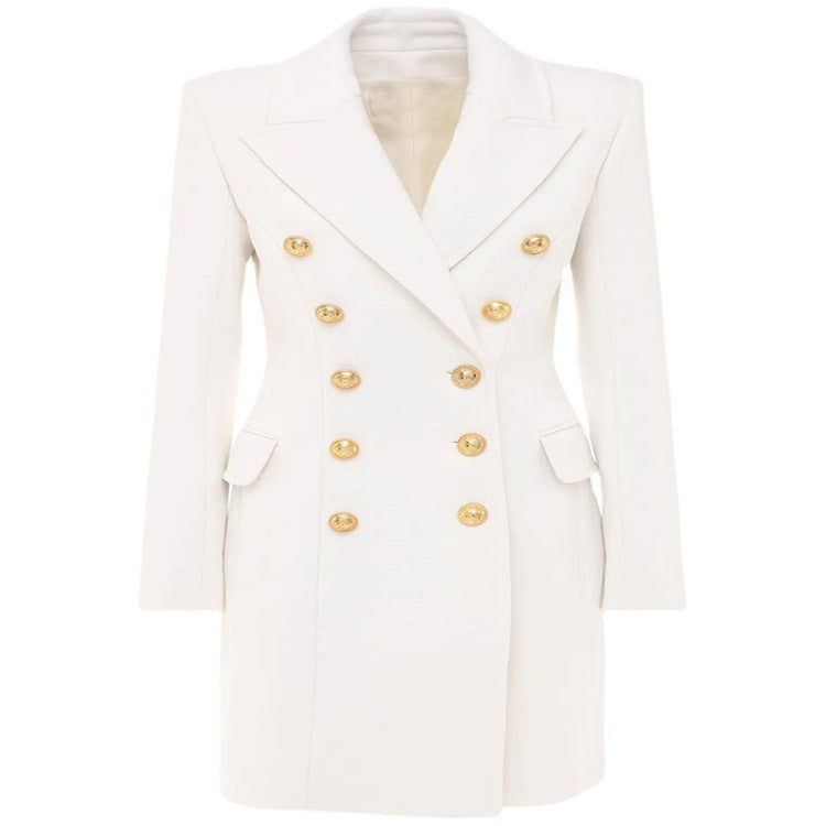 Damen Schmalgeschnittener Zweireihiger Wollmix-Longcoat mit markanter Schulter und goldenen Zierrundknöpfen Drune