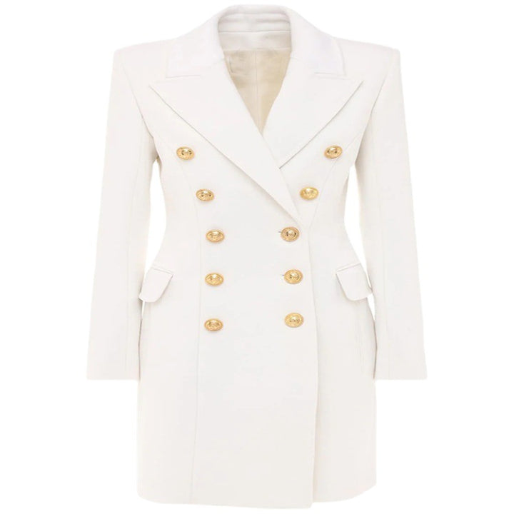 Damen Schmalgeschnittener Zweireihiger Wollmix-Longcoat mit markanter Schulter und goldenen Zierrundknöpfen Drune