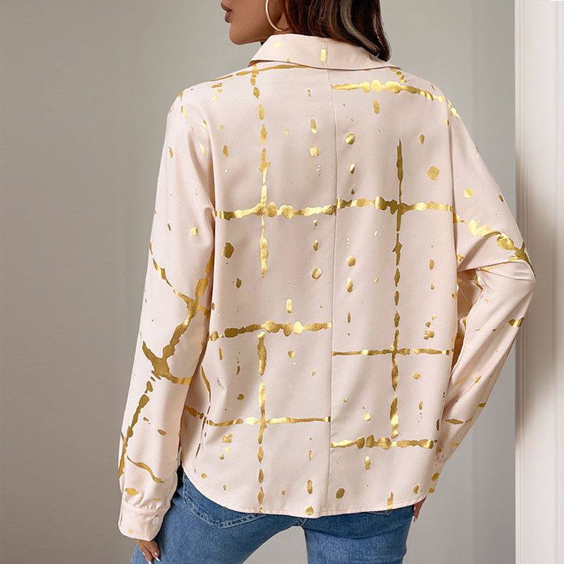 Damen Elegante Langarm-Bluse mit Gold-Folienprint, Hemdkragen und lockerem Schnitt Drune