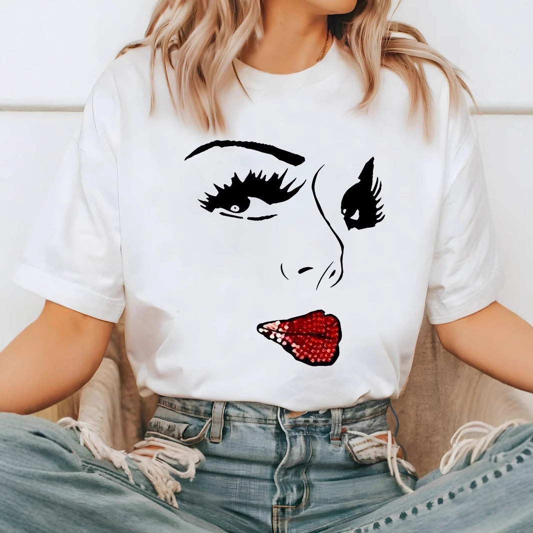 Damen T-Shirt mit kreativem Grafikdruck und luxuriösen Paillettenakzenten Drune
