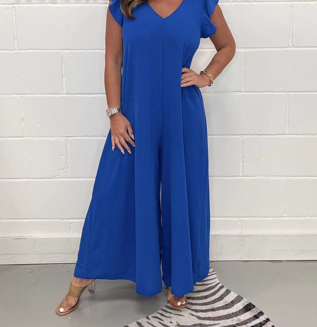 Damen gehobener Jumpsuit mit voluminösen Rüschenärmeln und V-Ausschnitt Drune