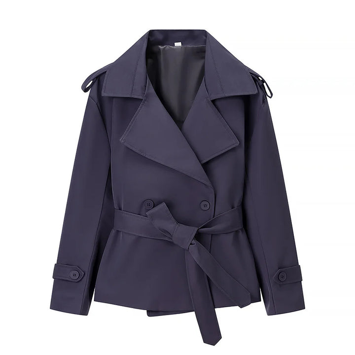 Damen nan kurzer taillierter Trenchcoat mit weitem Revers, Schulterklappen und Bindegürtel Drune