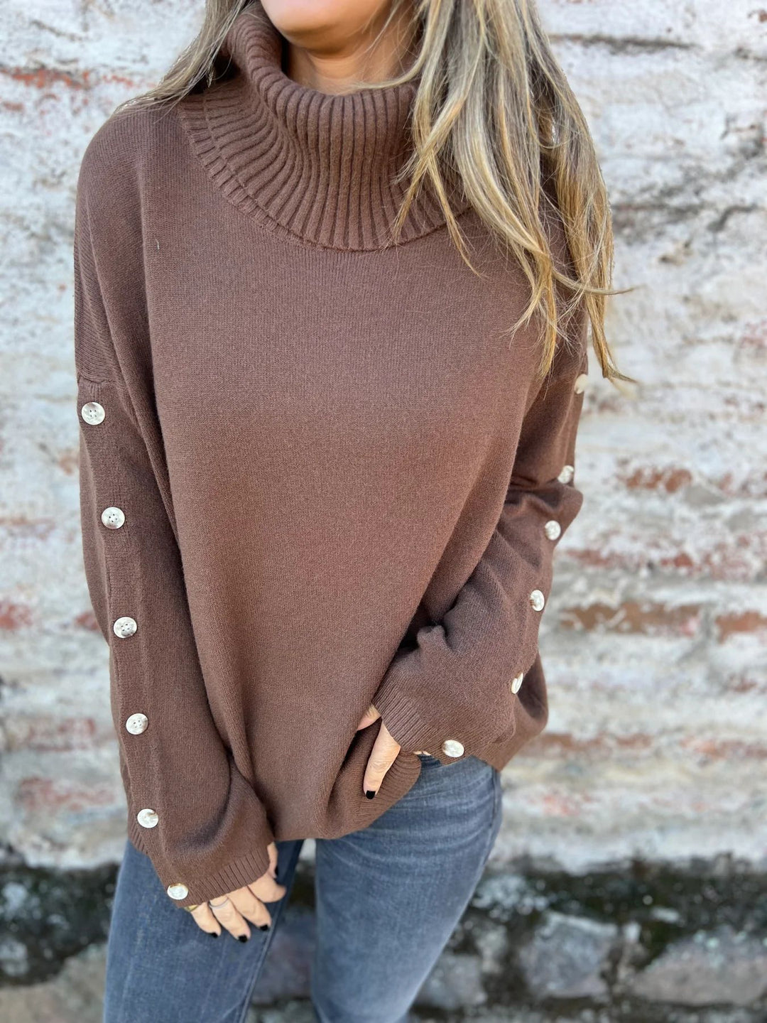 Damen hochschuliger Strickpullover mit Knopfdetails Drune