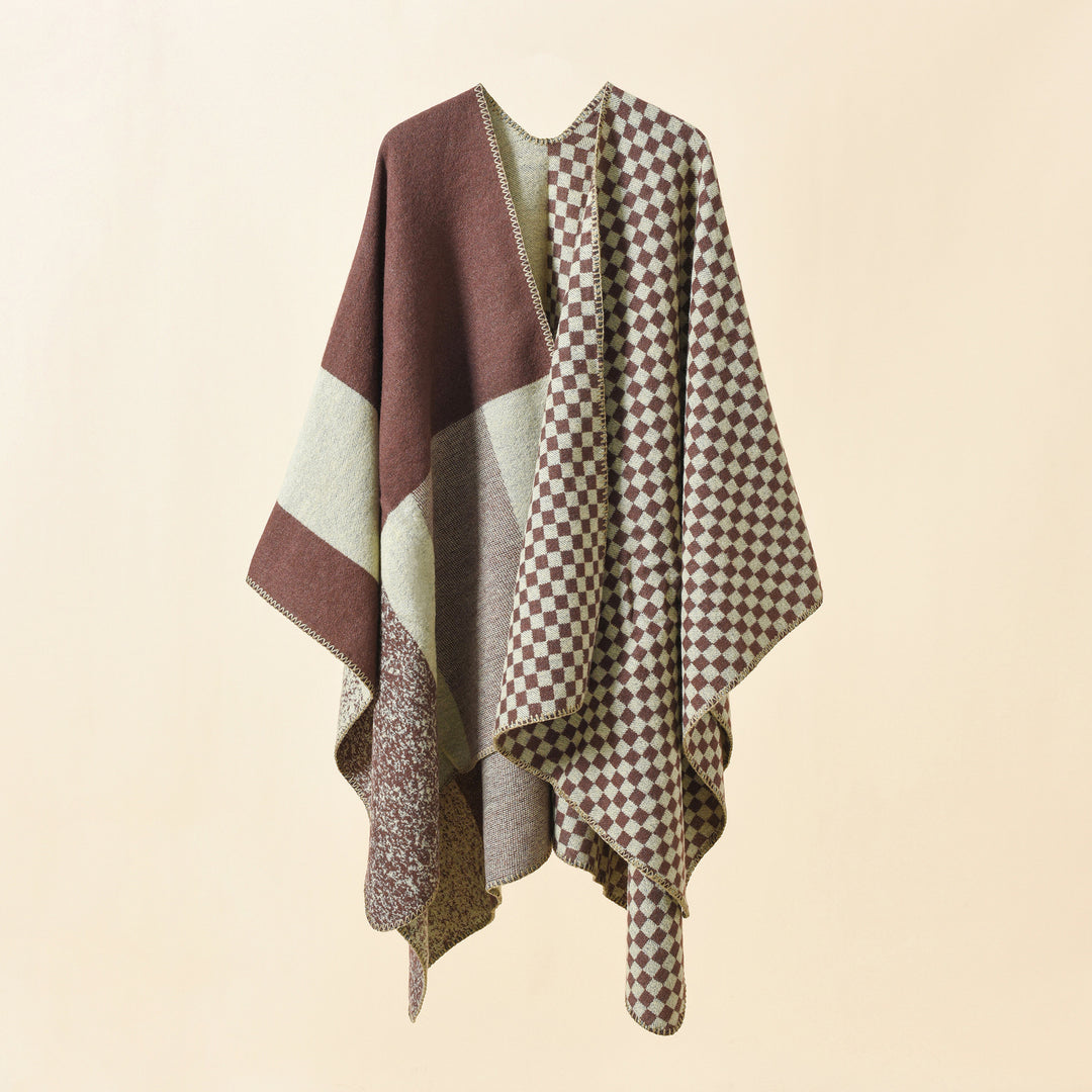 Damen Wendbarer Karomuster-Capeponcho aus Wollmix mit kastigem Oversize-Fall Drune