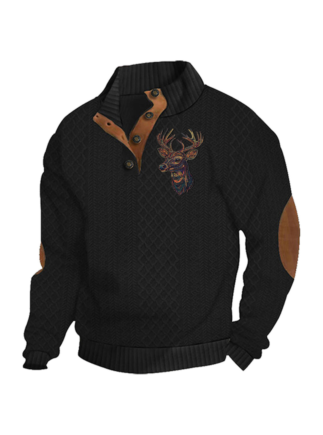 Herren nan Heritage-Strukturpullover mit Stehkragen Lederimitat-Besatz Ellenbogen-Patches und Halbknopfleiste Drune